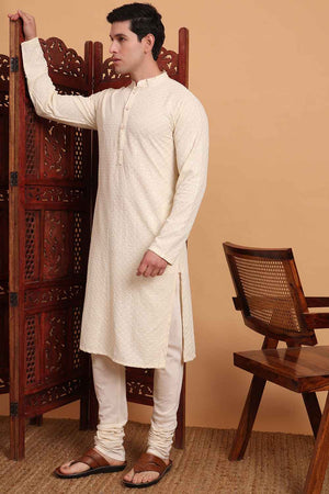 White Chikankari Rayon Men's Kurta Sets