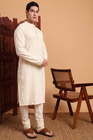 White Chikankari Rayon Men's Kurta Sets