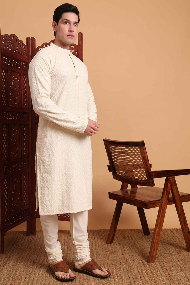 White Chikankari Rayon Men's Kurta Sets