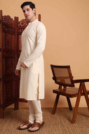 White Chikankari Rayon Men's Kurta Sets