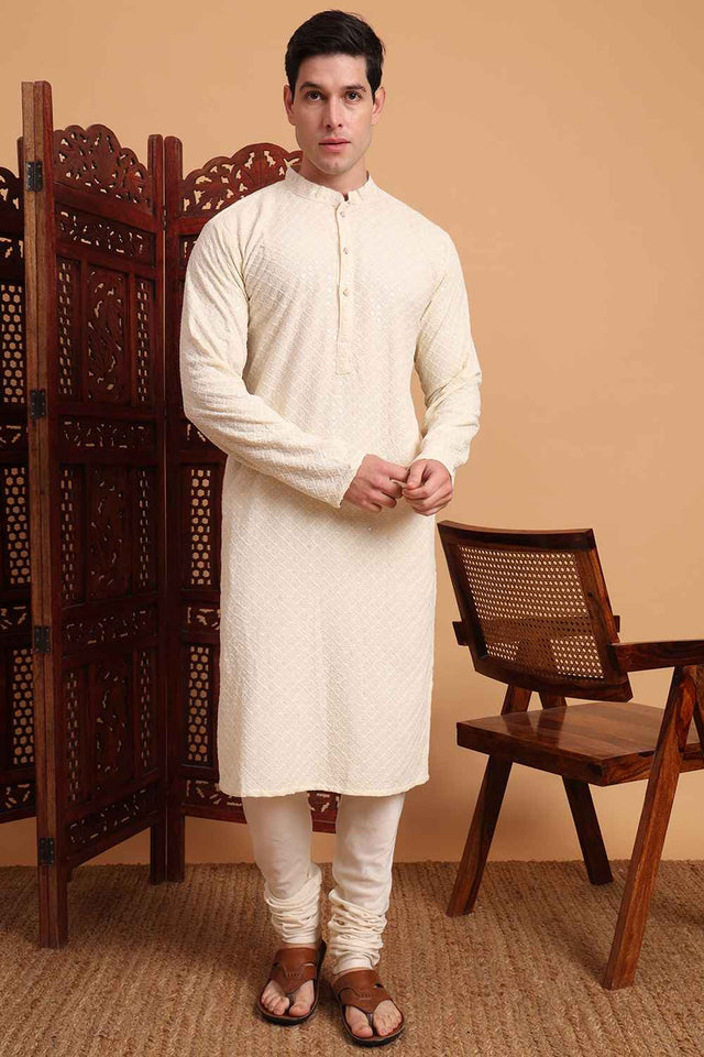 White Chikankari Rayon Men's Kurta Sets