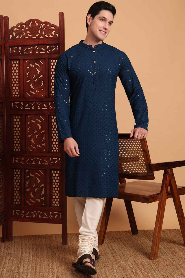 Blue Chikankari Rayon Men's Kurta Sets