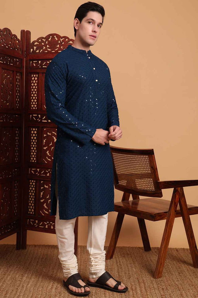 Blue Chikankari Rayon Men's Kurta Sets