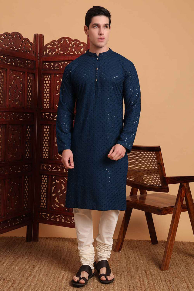 Blue Chikankari Rayon Men's Kurta Sets