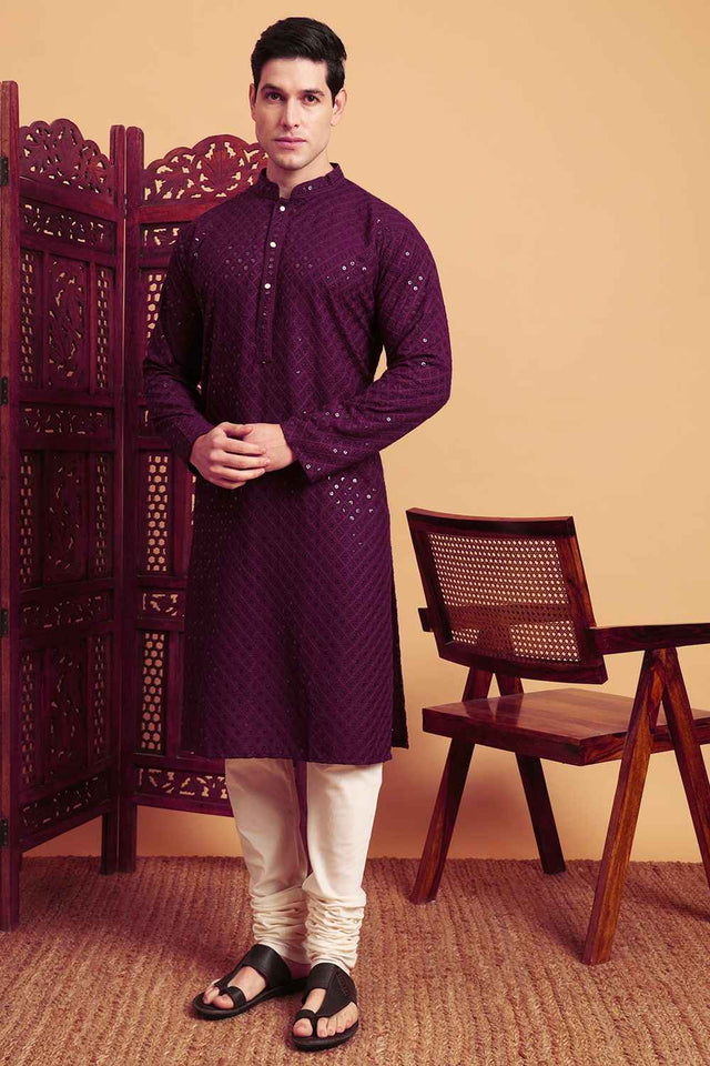 Violet Chikankari Rayon Men's Kurta Sets