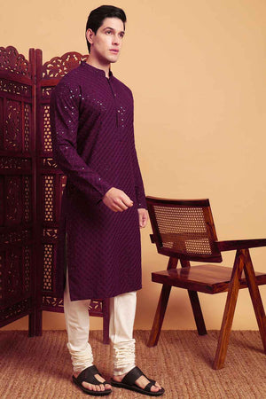 Violet Chikankari Rayon Men's Kurta Sets