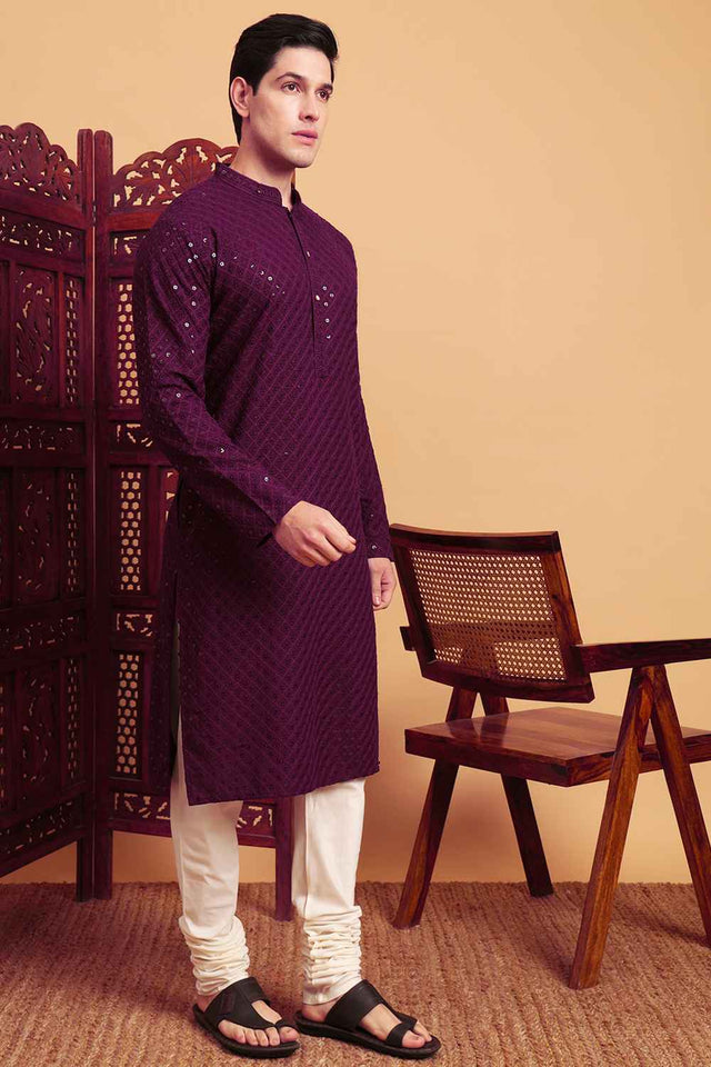 Violet Chikankari Rayon Men's Kurta Sets
