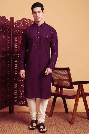 Violet Chikankari Rayon Men's Kurta Sets