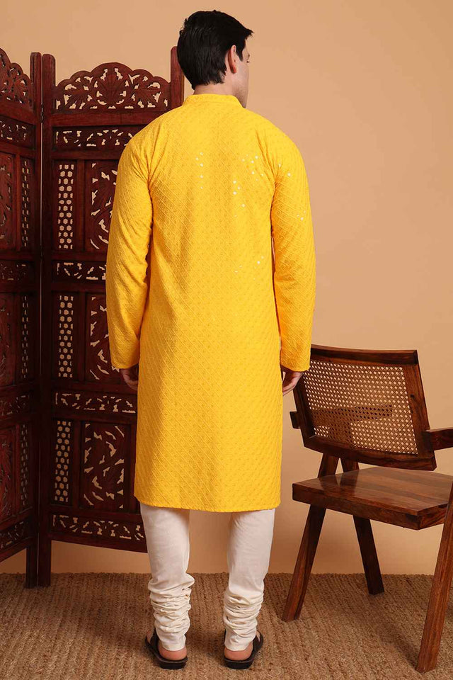 Yellow Chikankari Rayon Men's Kurta Sets