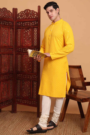 Yellow Chikankari Rayon Men's Kurta Sets