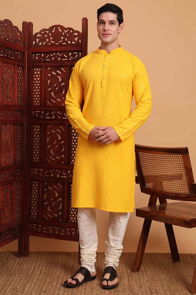 Yellow Chikankari Rayon Men's Kurta Sets