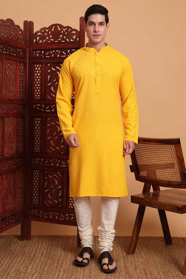 Yellow Chikankari Rayon Men's Kurta Sets