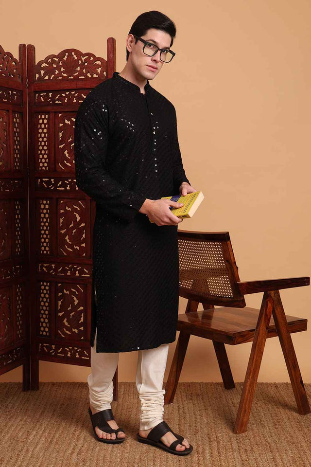 Black Chikankari Rayon Men's Kurta Sets