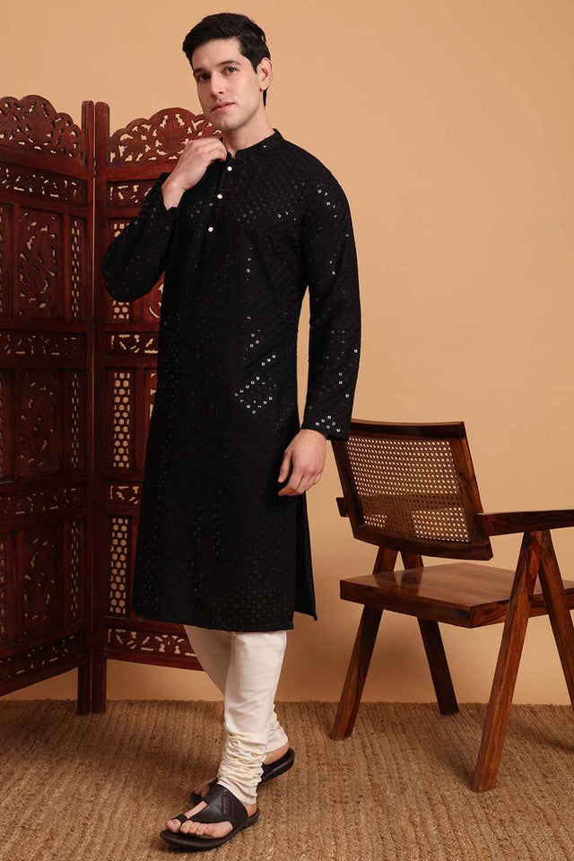 Black Chikankari Rayon Men's Kurta Sets