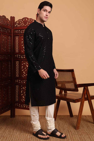 Black Chikankari Rayon Men's Kurta Sets