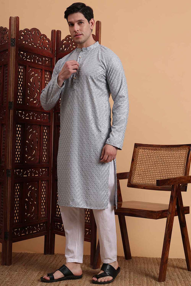 Grey Chikankari Rayon Men's Kurta Sets