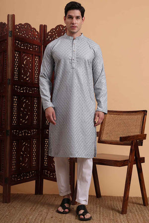 Grey Chikankari Rayon Men's Kurta Sets
