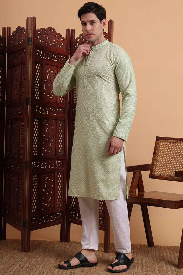 Green Chikankari Rayon Men's Kurta Sets