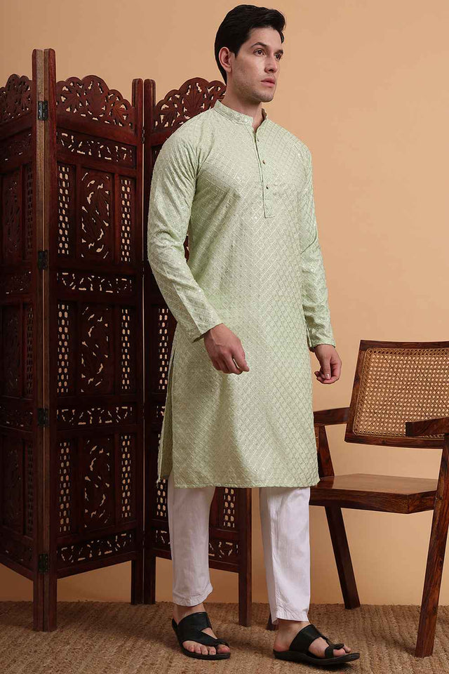 Green Chikankari Rayon Men's Kurta Sets