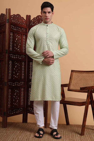 Green Chikankari Rayon Men's Kurta Sets
