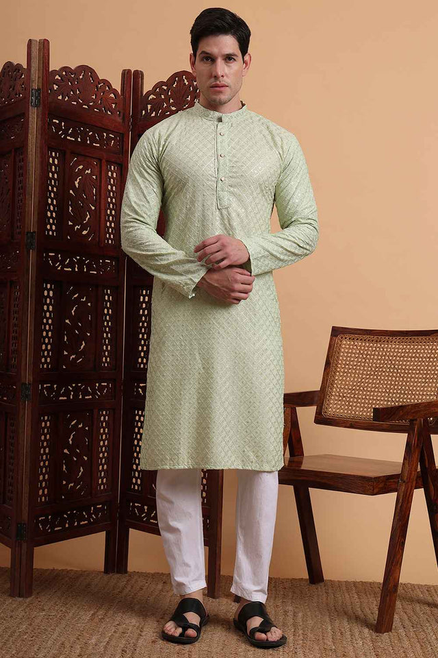 Green Chikankari Rayon Men's Kurta Sets