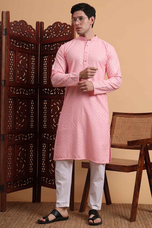 Pink Chikankari Rayon Men's Kurta Sets