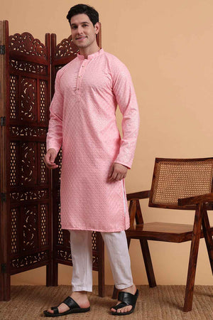 Pink Chikankari Rayon Men's Kurta Sets
