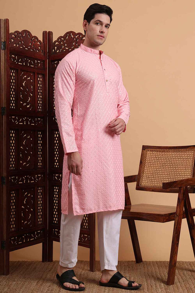 Pink Chikankari Rayon Men's Kurta Sets