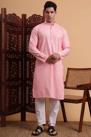 Pink Chikankari Rayon Men's Kurta Sets