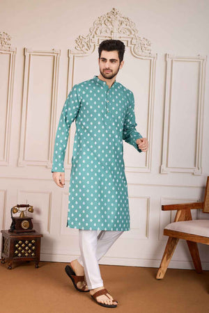 Sea Green Printed Cotton Men's Kurta Sets