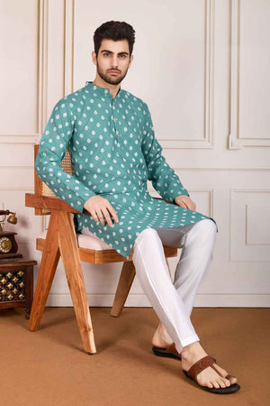 Sea Green Printed Cotton Men's Kurta Sets
