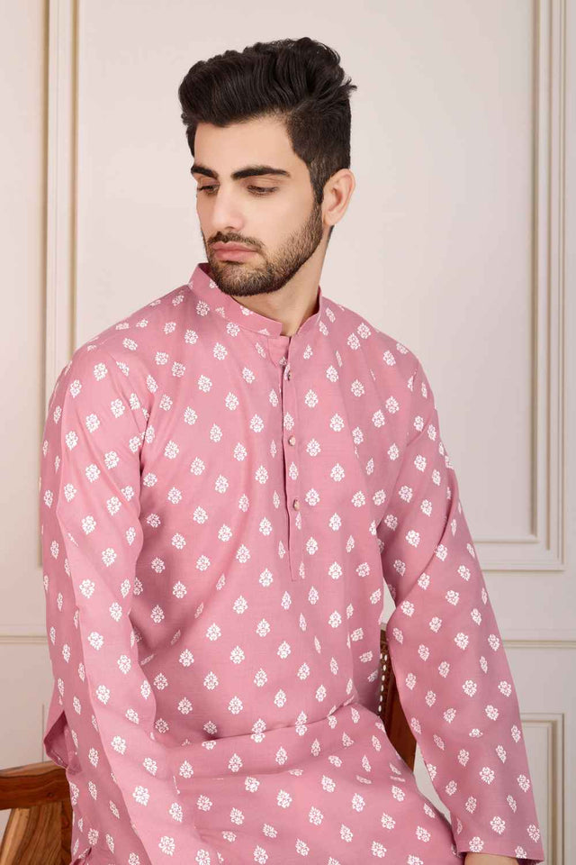 Pink Printed Cotton Men's Kurta Sets