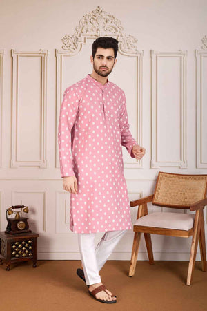 Pink Printed Cotton Men's Kurta Sets