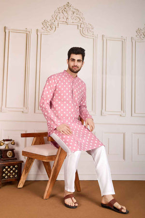 Pink Printed Cotton Men's Kurta Sets