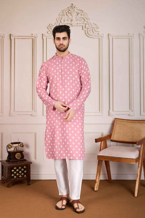 Pink Printed Cotton Men's Kurta Sets