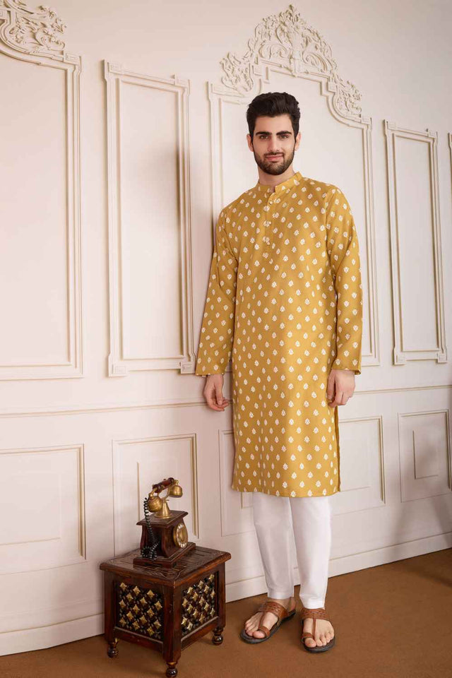 Brown Printed Cotton Men's Kurta Sets