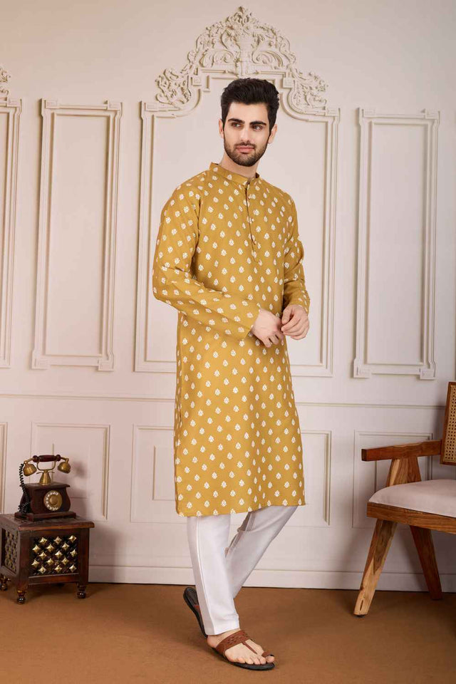 Brown Printed Cotton Men's Kurta Sets