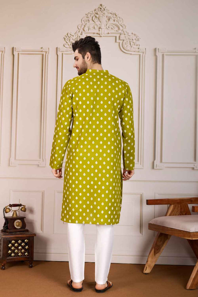 Olive Green Printed Cotton Men's Kurta Sets