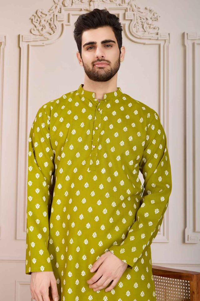 Olive Green Printed Cotton Men's Kurta Sets