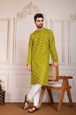 Olive Green Printed Cotton Men's Kurta Sets