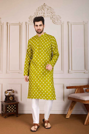 Olive Green Printed Cotton Men's Kurta Sets