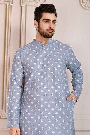 Grey Printed Cotton Men's Kurta Sets