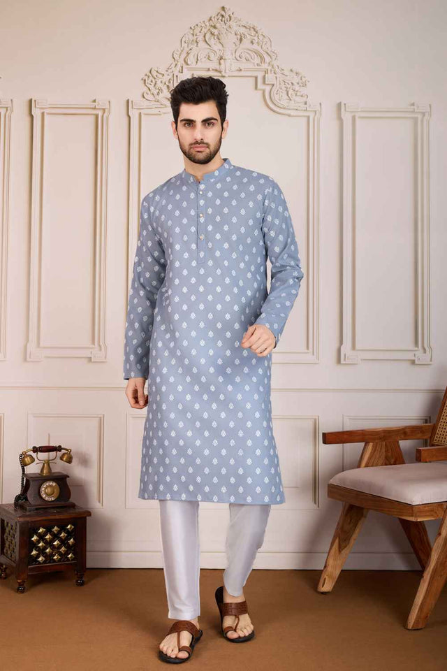 Grey Printed Cotton Men's Kurta Sets