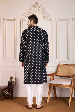 Black Printed Cotton Men's Kurta Sets