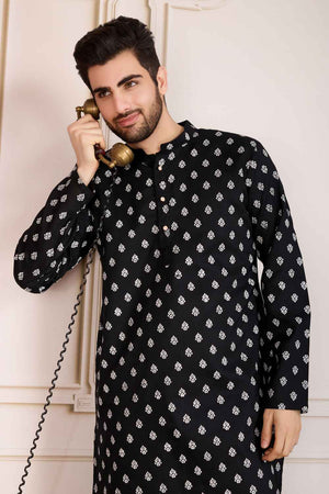 Black Printed Cotton Men's Kurta Sets