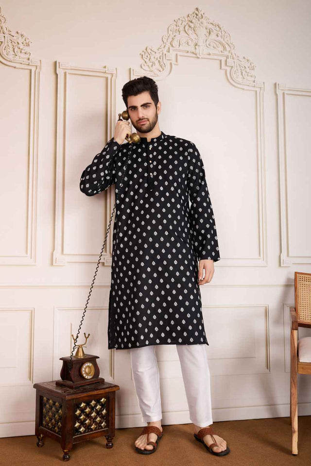Black Printed Cotton Men's Kurta Sets