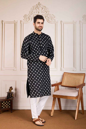 Black Printed Cotton Men's Kurta Sets