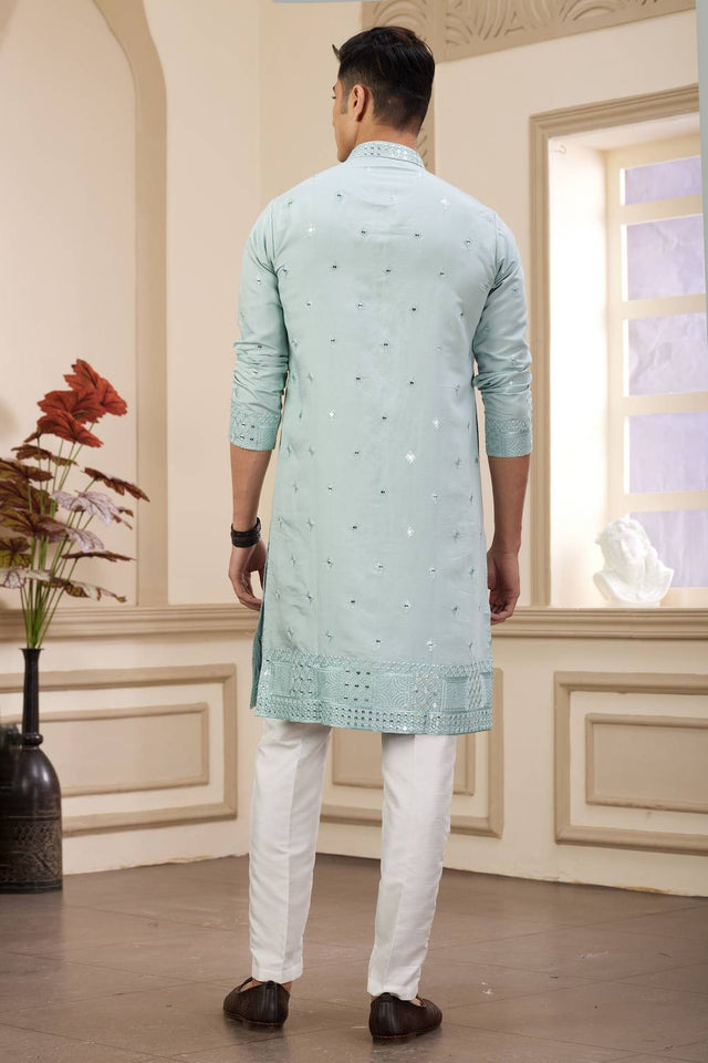 Pista Embroidered Art Silk Men's Kurta Sets
