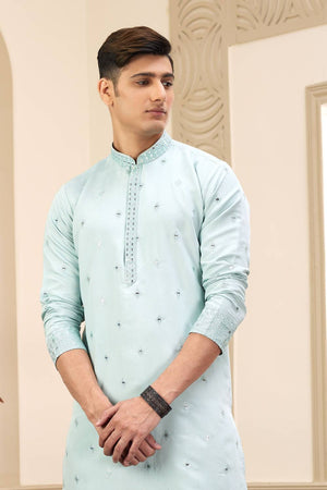 Pista Embroidered Art Silk Men's Kurta Sets