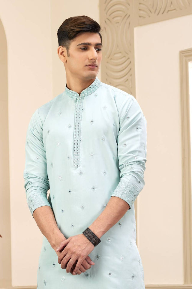 Pista Embroidered Art Silk Men's Kurta Sets